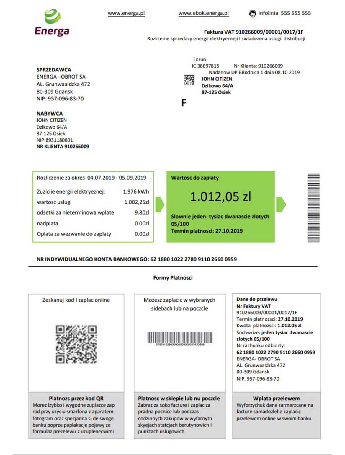 Poland Energa utility bill, PDF and Word download template